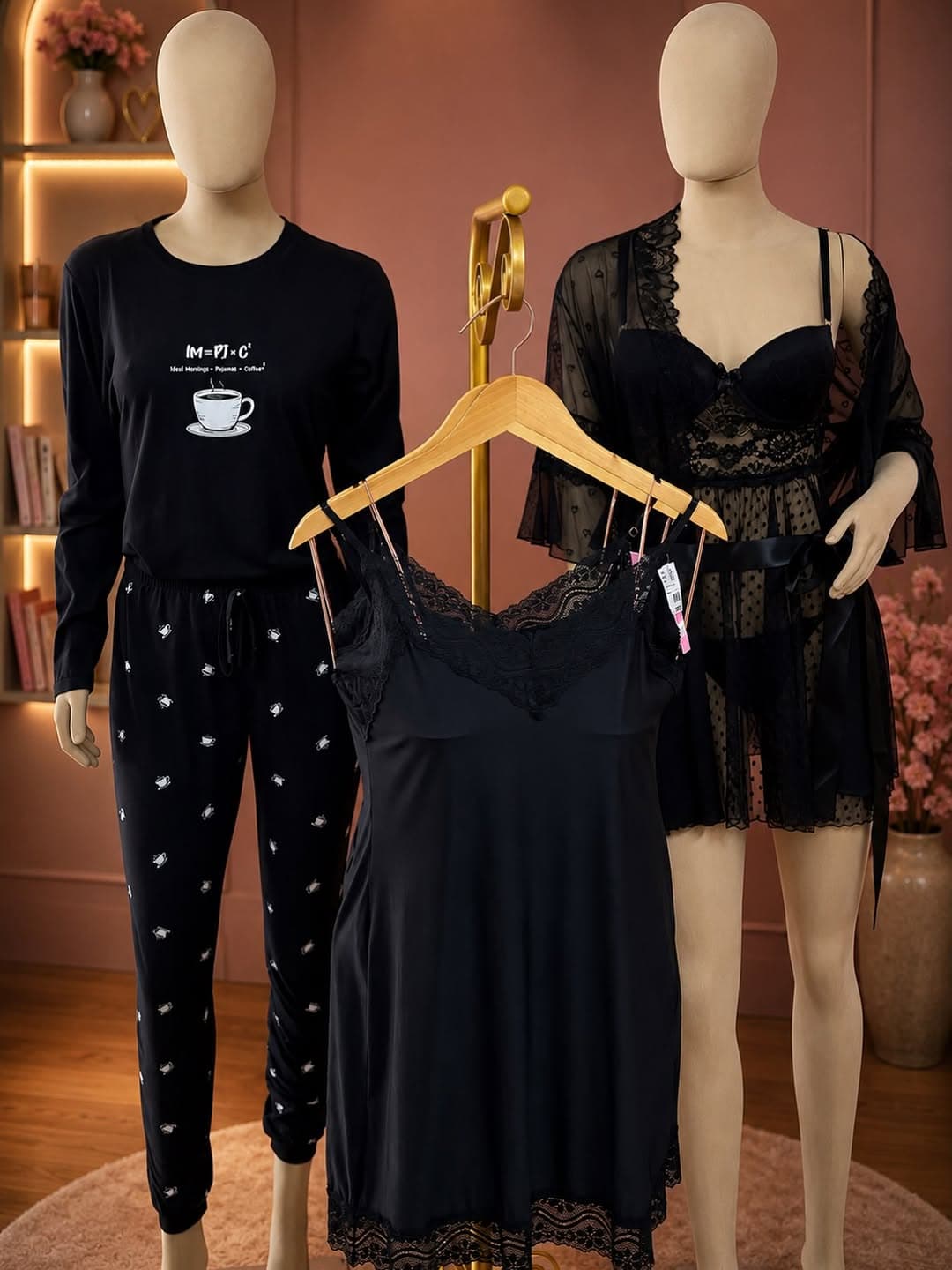 Linha noite preta: pijama, camisola e robe transparente com renda em ambiente com iluminação quente