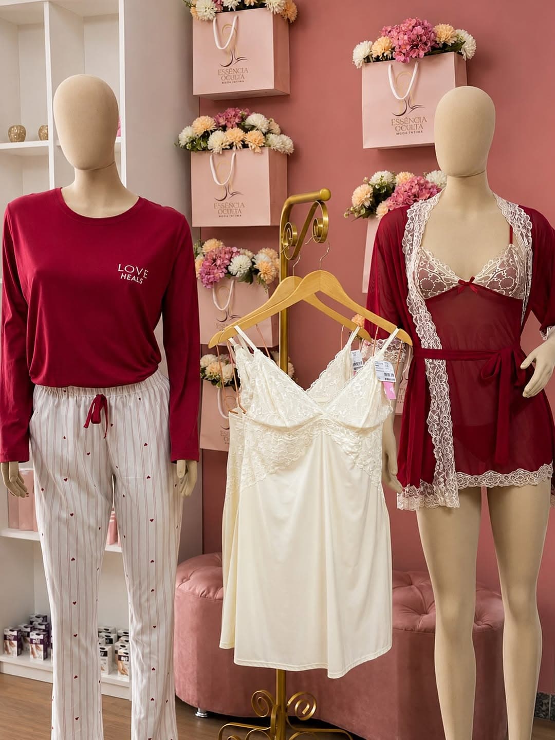 Pijama vermelho Love Heals e robe bordô com renda em manequins na boutique