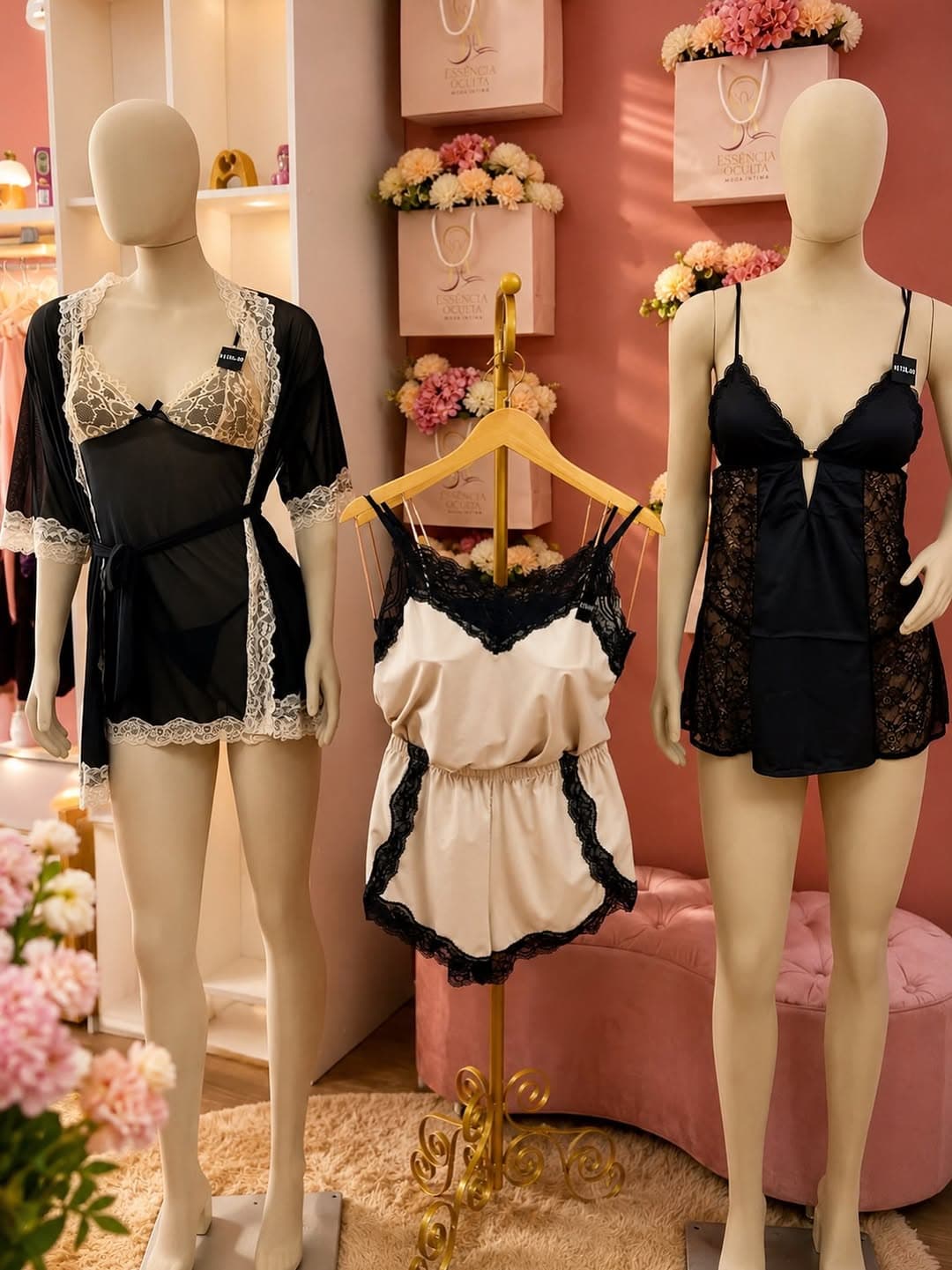 Três looks de camisola e robe com renda preta e off-white em manequins na boutique